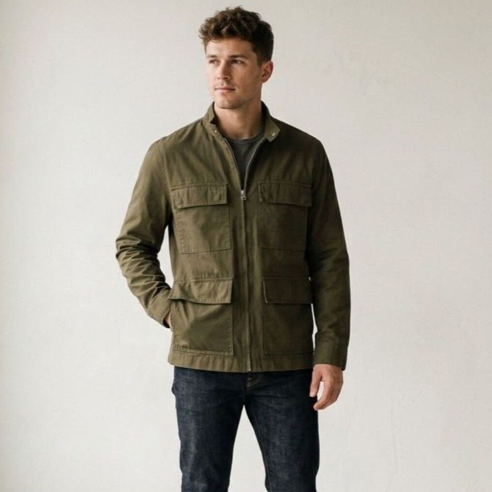 Zara Utility Field Jacket Mens Sz S Olive Green 100% Cotton Miltary Cargo Pocket